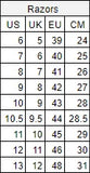 Razors Shift Size Chart