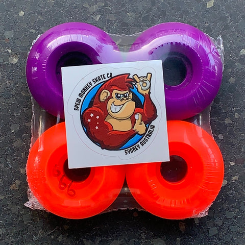 Spew Monkey #1s Purple & Fluoro Red 99a Skateboard Wheels